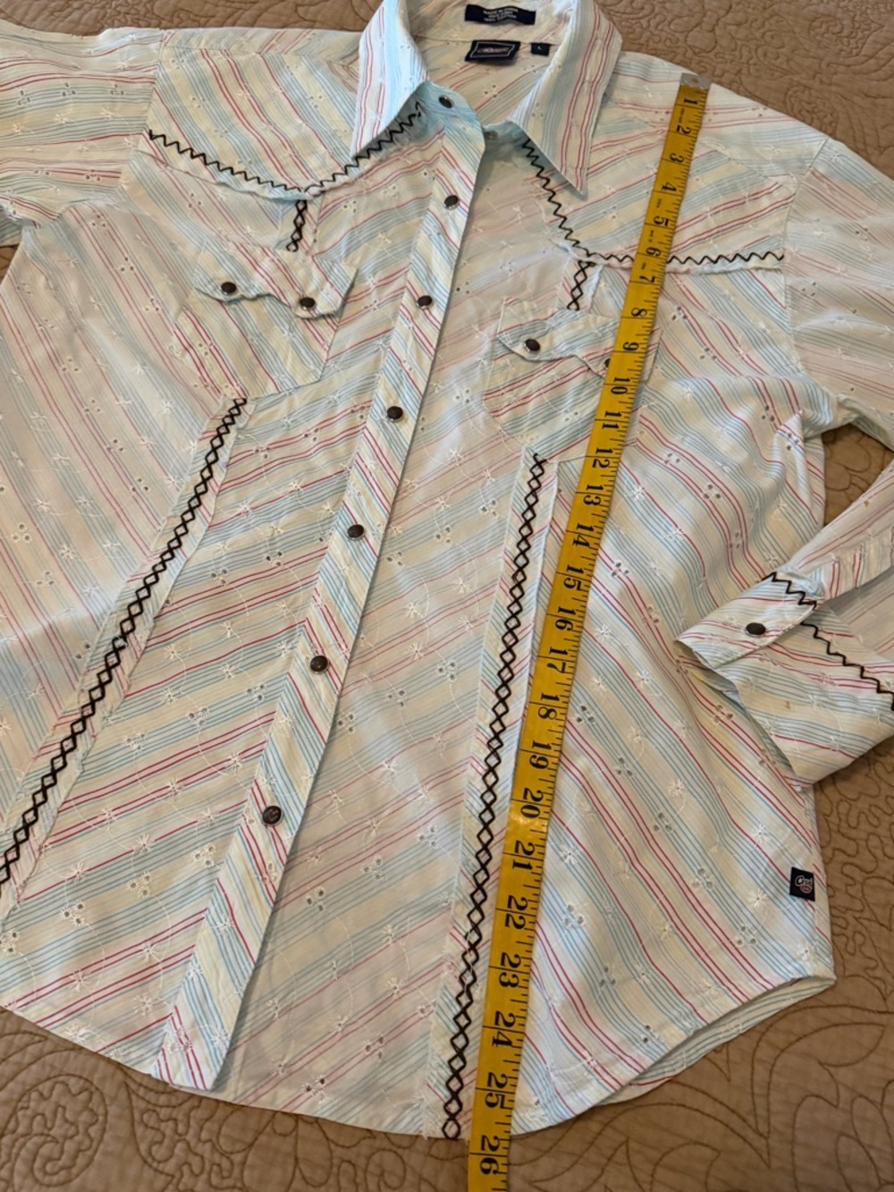 Cruel Girl Western Style Embroidered Snap Shirt Pastel Stripe Eyelet Rodeo, Sz L - Picture 10 of 14